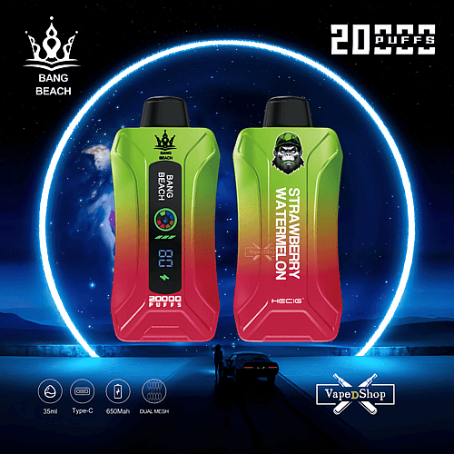 Zwei grüne und rote Vape-Geräte mit den Aufschriften „Bang Beach“ und „Strawberry Watermelon“ sowie einem Gorilla-Logo und den Symbolen „20.000 Züge“, „35 ml“, „Typ C“, „650 mAh“ und „Dual Mesh“ vor einem kosmischen Hintergrund.
