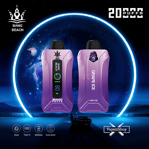 Lilafarbene Vape-Geräte mit der Aufschrift „Bang Beach“ und „Grape Ice“ mit einem futuristischen Hintergrund mit einem leuchtend blauen Ring, einem Text mit 20.000 Zügen und darunter stehenden Produktspezifikationen.