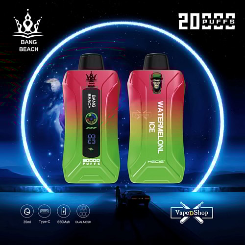 Two colorful vape devices labeled "Bang Beach" and "Watermelon Ice" with a red-to-green gradient design, set against a cosmic background. Text highlights features: 20,000 puffs, 35ml, Type-C charging, 650mAh battery, and dual mesh coil.