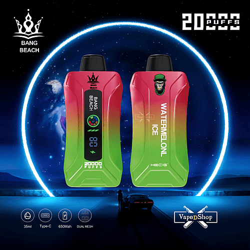 Zwei farbenfrohe Vape-Geräte mit den Aufschriften „Bang Beach“ und „Watermelon Ice“ mit einem rot-grünen Farbverlaufsdesign vor einem kosmischen Hintergrund. Der Text hebt die Funktionen hervor: 20.000 Züge, 35 ml, Aufladen über Typ C, 650-mAh-Akku und Dual-Mesh-Spule.