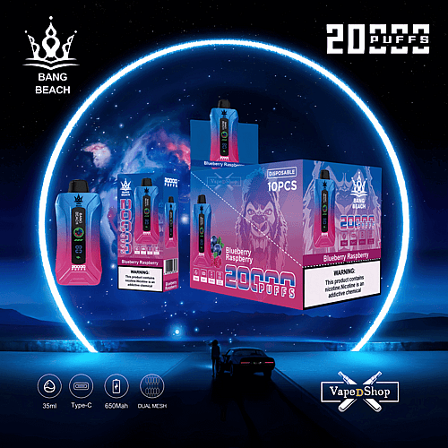 Eine digitale Werbung, die ein Einweg-Vape-Gerät mit einer Kapazität von 20.000 Zügen vorstellt, beschriftet mit „Bang Beach“ und „Blueberry Raspberry“. Die Verpackung ist in leuchtenden Blau- und Pinktönen gehalten, zeigt eine Gorilla-Illustration und technische Details wie 35 ml Kapazität, Typ-C-Ladefunktion, 650 mAh-Akku und Dual-Mesh-Spule.