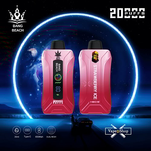 Two pink vape devices labeled "Bang Beach" and "Strawberry Ice" with a screen displaying "20000 puffs" in front of a cosmic background, featuring icons for 35ml, Type-C, 650mAh, and dual mesh.