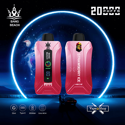 Zwei rosa Vape-Geräte mit der Aufschrift „Bang Beach“ und „Strawberry Ice“ und einem Bildschirm mit der Anzeige „20000 Züge“ vor einem kosmischen Hintergrund sowie Symbolen für 35 ml, Typ C, 650 mAh und Dual Mesh.