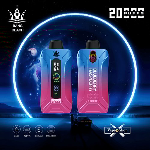 Two vape devices labeled "Bang Beach" and "Blueberry Raspberry" with a neon blue and pink color gradient, a digital display, and "20,000 puffs" text in a futuristic background.