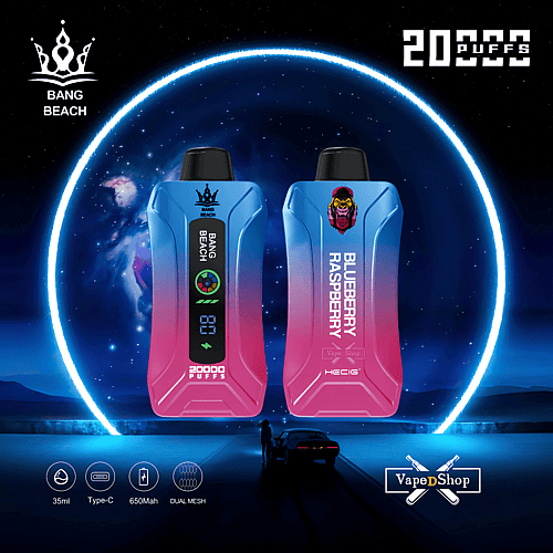 Zwei Vape-Geräte mit der Aufschrift „Bang Beach“ und „Blueberry Raspberry“ mit einem neonblauen und pinken Farbverlauf, einer digitalen Anzeige und dem Text „20.000 Züge“ vor einem futuristischen Hintergrund.