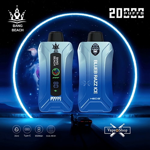 Two blue disposable vapes labeled "Bang Beach" and "Blue Razz Ice" with 20,000 puffs, Type-C charging, 35ml capacity, 650mAh battery, and dual mesh coil, set against a futuristic background.