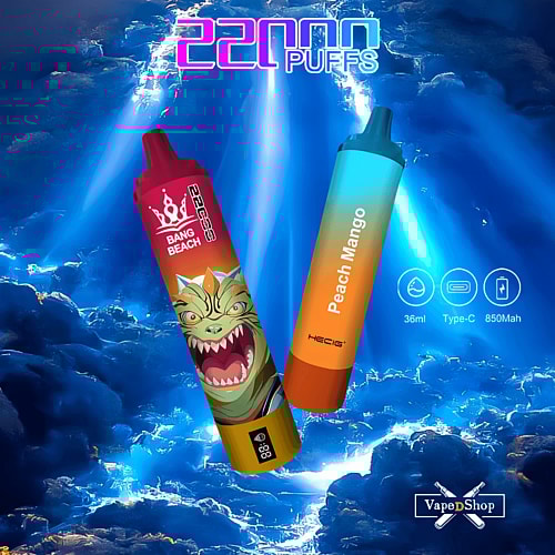 Two colorful disposable vape devices labeled "Bang Beach" and "Peach Mango" against a blue lightning-themed background with icons indicating 36ml capacity, Type-C charging, and 850mAh battery.