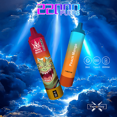 Dos dispositivos de vapeo desechables coloridos etiquetados "Bang Beach" y "Peach Mango" sobre un fondo con temática de rayos azules con íconos que indican una capacidad de 36 ml, carga tipo C y batería de 850 mAh.