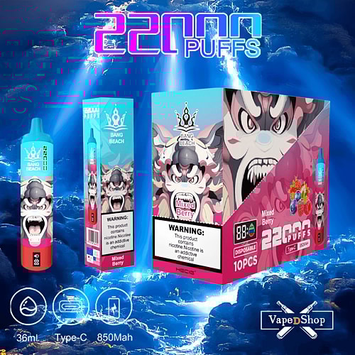 Packaging for a disposable vape product called "Bang Beach Mixed Berry," featuring a fierce cartoon character on the front, with details like "22000 Puffs," "36ml," "Type-C," and "850mAh" visible.
