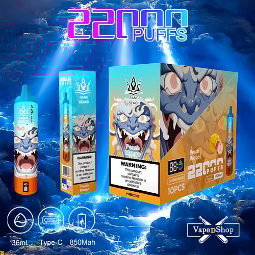 Image showing packaging and a disposable vape pen labeled "Bang Beach" with a peach mango flavor. The vape pen advertises 22,000 puffs, contains 36ml of liquid, and has an 850mAh battery with Type-C charging. The packaging features a stylized illustration of a fierce face and multiple warning labels about nicotine.