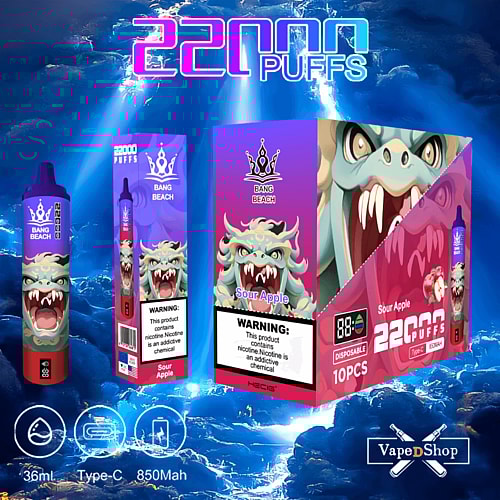 "Promotional image of Bang Beach disposable vape with Sour Apple flavor, featuring 22000 puffs, 36ml capacity, Type-C charging, and 850mAh battery. Packaging showcases a dragon-like creature design and vape device with branding and warning labels about nicotine."