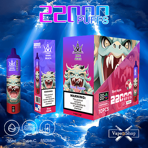 "Imagem promocional do vape descartável Bang Beach com sabor Sour Apple, com 22000 puffs, capacidade de 36ml, carregamento Type-C e bateria de 850mAh. A embalagem exibe um design de criatura semelhante a um dragão e um dispositivo vape com marca e rótulos de advertência sobre nicotina."