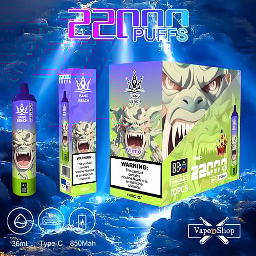 Disposable vape device with colorful packaging labeled "Bang Beach" and "22000 Puffs," featuring a dragon-like creature design. The device specifications include 36ml capacity, Type-C charging, and 850mAh battery.