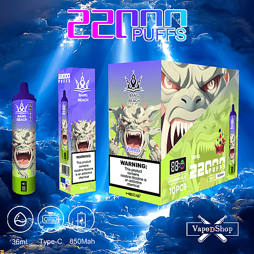 Dispositivo vape descartável com embalagem colorida rotulada "Bang Beach" e "22000 Puffs", apresentando um design de criatura semelhante a um dragão. As especificações do dispositivo incluem capacidade de 36 ml, carregamento Tipo C e bateria de 850 mAh.