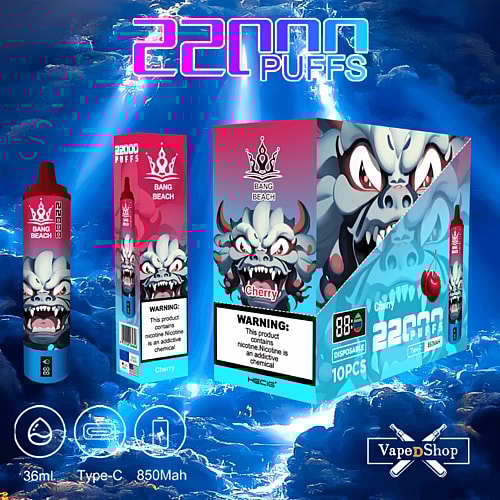 "Bang Beach disposable vape packaging, featuring a fierce cartoon face design and 'Cherry' flavor, with labels indicating 22000 puffs, Type-C charging, 36ml capacity, and 850mAh battery, shown alongside a 10-piece box."