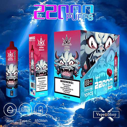 "Embalagem descartável para vaporizador Bang Beach, com um design de desenho animado e sabor 'cereja', com rótulos indicando 22.000 tragadas, carregamento Tipo C, capacidade de 36 ml e bateria de 850 mAh, mostrada ao lado de uma caixa com 10 peças."