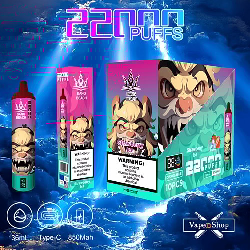 Packaging for "Bang Beach" disposable vape with a "Strawberry Ice" flavor, featuring a stylized fierce animal face and labeled with "22000 Puffs," nicotine warning, 36ml, Type-C, and 850mAh battery details.