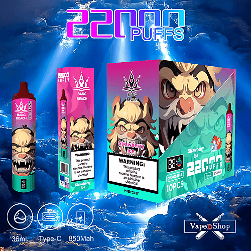Embalagem para vaporizador descartável "Bang Beach" com sabor "Strawberry Ice", com rosto estilizado de animal feroz e etiqueta com "22000 Puffs", aviso de nicotina, 36 ml, Tipo C e detalhes da bateria de 850 mAh.