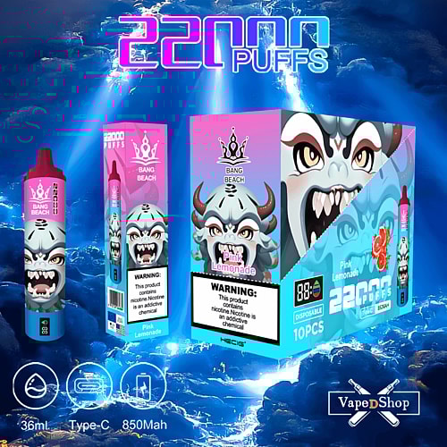 Disposable vape device packaging featuring a menacing cartoon face, labeled "Pink Lemonade" and "22000 PUFFS," with icons showing 36ml capacity, Type-C charging, and 850mAh battery.