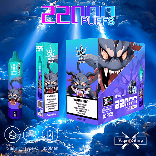 Embalagem descartável para dispositivo de vaporização com um monstro de desenho animado feroz, rotulado como "Bang Beach Grape Ice", com 22.000 tragadas, carregamento Tipo C, bateria de 850 mAh e capacidade de 36 ml.