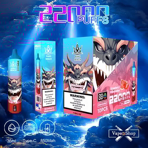 Packaging for a vape product named "Bang Beach" in the flavor "Strawberry Watermelon," featuring a menacing dragon design, 22000 puffs capacity, and various icons indicating product specifications such as 36ml, Type-C, and 850mAh.