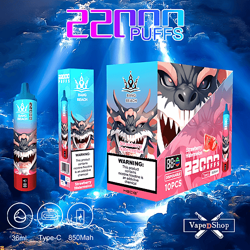 Embalagem para um produto de vapor chamado "Bang Beach" no sabor "Morango Melancia", com um design de dragão ameaçador, capacidade para 22.000 tragadas e vários ícones indicando especificações do produto, como 36 ml, Tipo C e 850 mAh.