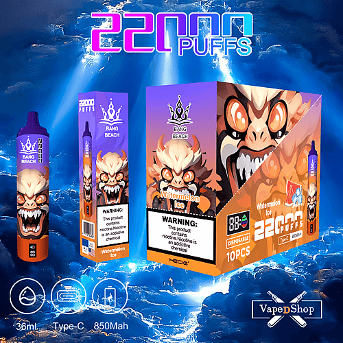 Embalagem descartável para dispositivo de vaporização com "Bang Beach Watermelon Ice" com 22.000 tragadas, design de personagem de desenho animado, rótulo de advertência de nicotina, e-líquido de 36 ml, carregamento Tipo C e capacidade de bateria de 850 mAh.