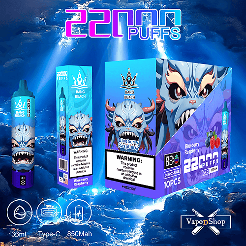 Embalagem descartável para vaporizador com tema azul, apresentando um personagem feroz, azul, parecido com um dragão, rotulado como "Bang Beach" e "Blueberry Raspberry". Ela destaca "22000 puffs", "Type-C", "850mAh" e rótulos de advertência de nicotina.