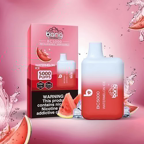 Red and white disposable vape device labeled "Bang BC5000 Watermelon Ice" next to its packaging, featuring 5000 puffs, 650mAh, 13ml e-liquid, and watermelon slices.