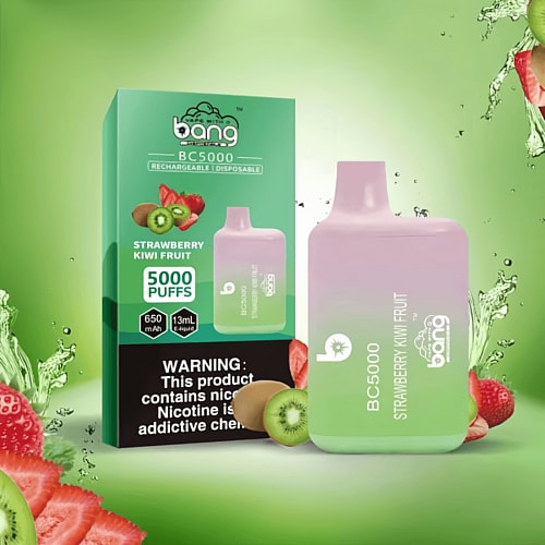 Strawberry Kiwi flavored disposable vape device with a green and pink design, next to its packaging displaying product details and a nicotine warning label.
