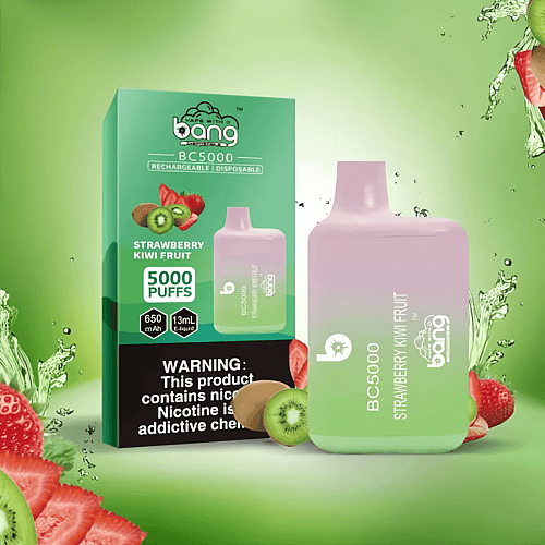 Dispositivo de vapeo desechable con sabor a fresa y kiwi con un diseño verde y rosa, junto a su empaque que muestra detalles del producto y una etiqueta de advertencia de nicotina.