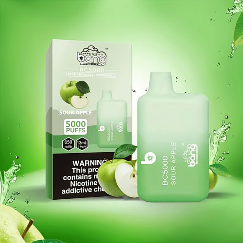 Sour apple flavored vape device with 5000 puffs, 650mAh battery, and 13ml e-liquid capacity displayed alongside its packaging.
