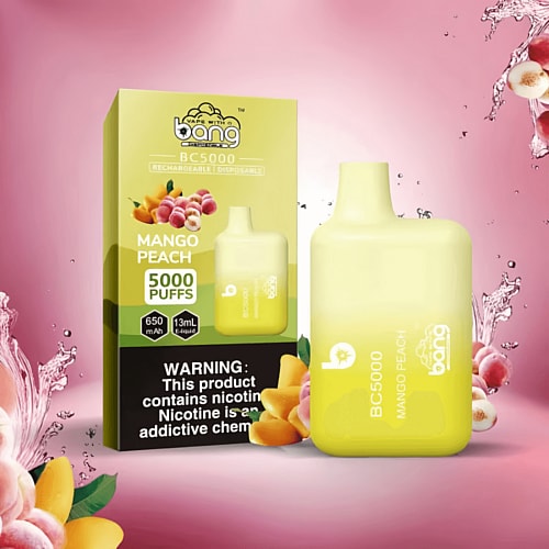 Bang BC5000 disposable vape device in Mango Peach flavor, with 5000 puffs, 13mL e-liquid, and a 650mAh rechargeable battery, displayed next to its packaging.