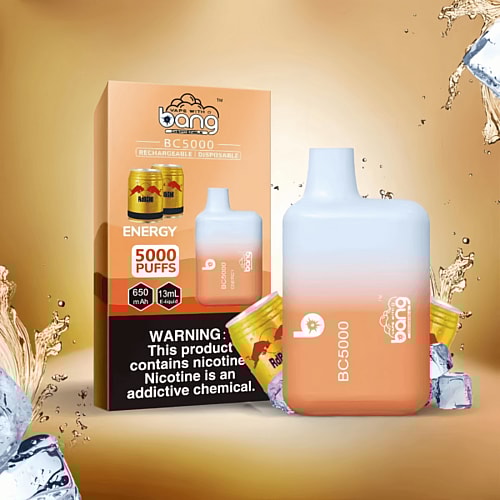 Bang BC5000 disposable vape packaging featuring an energy drink flavor, 5000 puffs capacity, 650mAh battery, 13ml e-liquid, and a nicotine addiction warning.