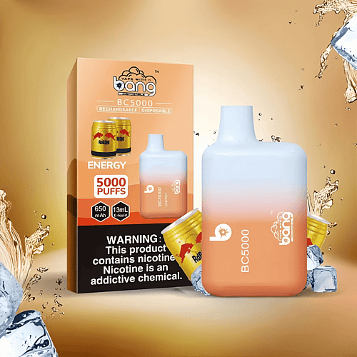 Empaque de vape desechable Bang BC5000 con sabor a bebida energética, capacidad para 5000 bocanadas, batería de 650 mAh, e-líquido de 13 ml y una advertencia sobre adicción a la nicotina.