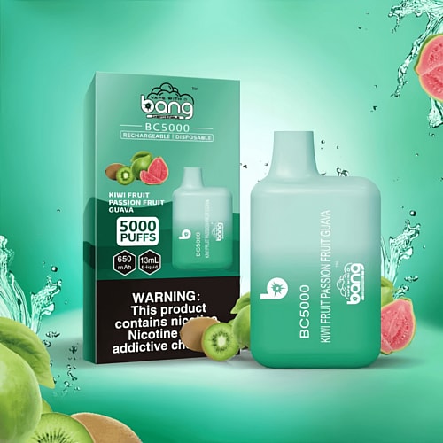 Kiwi fruit passion fruit guava flavored disposable vape with 5000 puffs and a warning label about nicotine.