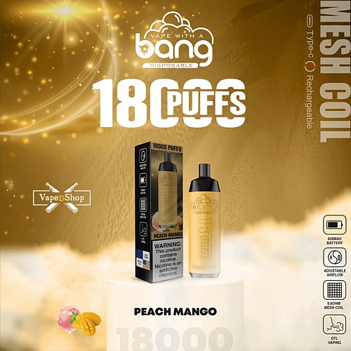 Bang Disposables Peach Mango vape packaging, featuring "18000 Puffs" text, a vape device image, and various product features listed, including a 650mAh battery, adjustable airflow, and a mesh coil.