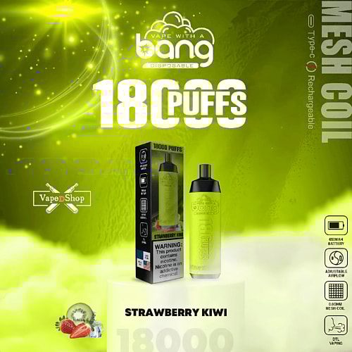 Vape product packaging featuring a "Bang Disposables" vape with 18,000 puffs, strawberry kiwi flavor, rechargeable via Type-C, and mesh coil technology.