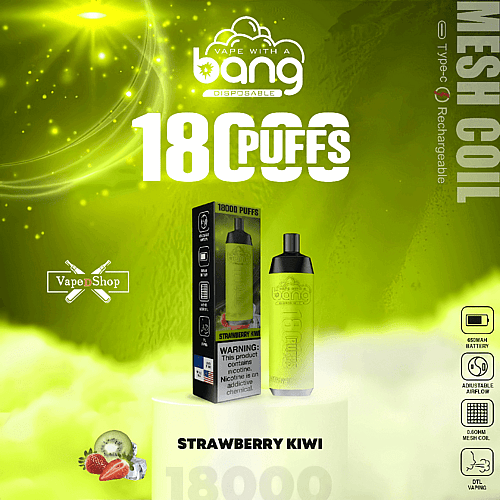 Emballage de produit Vape comprenant une vape « Bang Disposables » avec 18 000 bouffées, saveur fraise kiwi, rechargeable via Type-C et technologie de bobine en maille.
