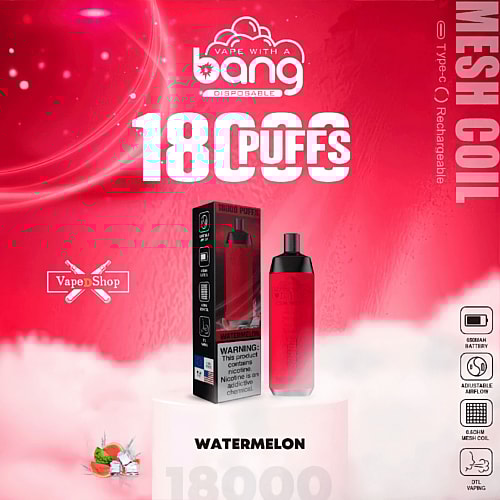 "Red vape device with 18,000 puffs, mesh coil, rechargeable via Type-C, watermelon flavor."