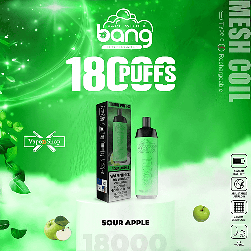 Vape jetable Sour Apple avec 18 000 bouffées, dotée d'un port Type-C rechargeable, d'une batterie de 650 mAh, d'un flux d'air réglable et d'une bobine en maille.
