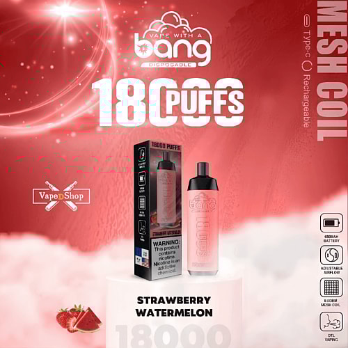 Disposable vape device with "Vape with a Bang" branding, offering 18,000 puffs with a strawberry watermelon flavor. Features include a Type-C rechargeable port, 650mAh battery, adjustable airflow, and 0.6 ohm mesh coil. Packaging warns about nicotine as an addictive chemical.