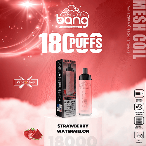 Appareil à vapotage jetable avec la marque « Vape with a Bang », offrant 18 000 bouffées avec une saveur fraise-pastèque. Les caractéristiques comprennent un port rechargeable de type C, une batterie de 650 mAh, un flux d'air réglable et une bobine en maille de 0,6 ohm. L'emballage met en garde contre la nicotine en tant que produit chimique addictif.