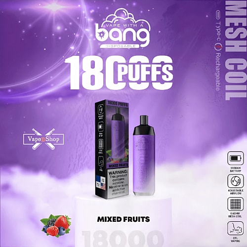Vape product advertisement for a purple disposable vape labeled "Bang" with "18,000 Puffs" and "Mixed Fruits" flavor, showing a rechargeable device with mesh coil and various features listed.
