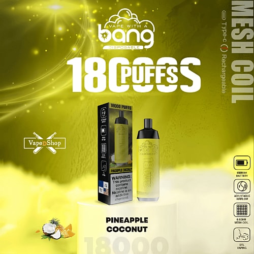 Yellow-themed advertisement for a disposable vape device featuring "18,000 puffs" in large white text, with the flavor "Pineapple Coconut." The device has a mesh coil, is rechargeable via Type-C, and has adjustable airflow.