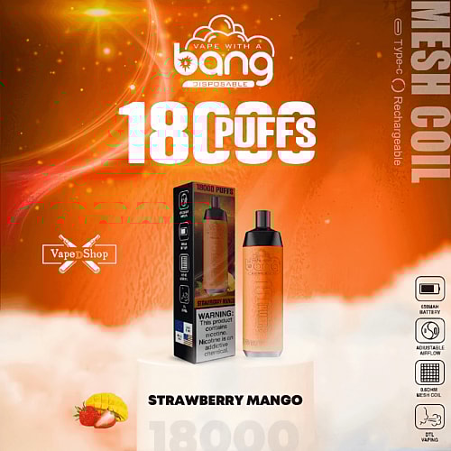 Vape product advertisement featuring a disposable vape with 18,000 puffs in Strawberry Mango flavor. The image highlights the vape device, packaging, and key features such as a mesh coil and adjustable airflow, all set against an orange background.