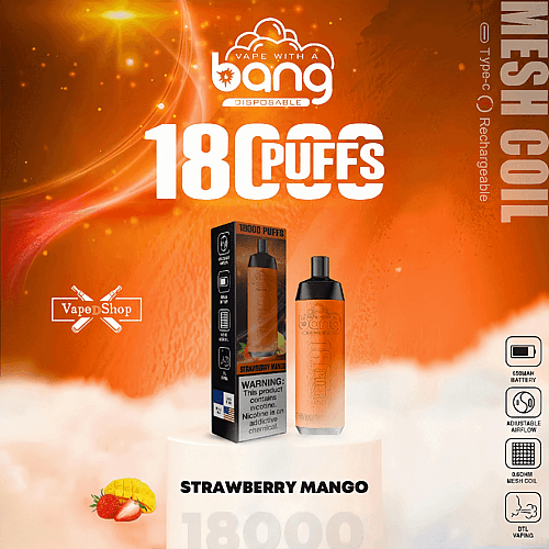 Publicité pour un produit de vape présentant une vape jetable avec 18 000 bouffées au goût fraise-mangue. L'image met en valeur l'appareil de vape, l'emballage et les principales caractéristiques telles qu'une bobine en maille et un flux d'air réglable, le tout sur un fond orange.