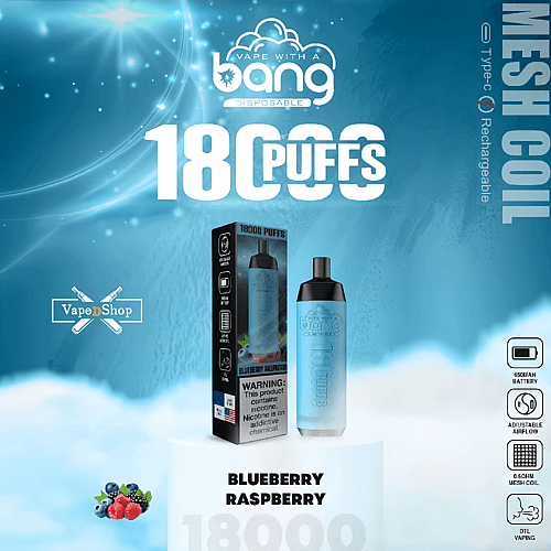 Vape desechable Bang con sabor “Blueberry Raspberry”, que ofrece 18.000 bocanadas, recargable mediante Tipo-C, cuenta con una batería de 650mAh, flujo de aire ajustable y resistencia de malla de 0,6ohm.