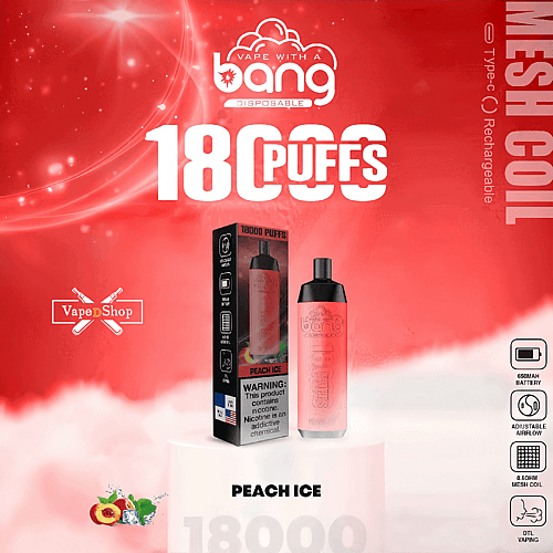 Publicité de produit de vapotage présentant un appareil de vapotage jetable « Bang » au goût « Peach Ice », offrant 18 000 bouffées, une batterie rechargeable de type C et un flux d'air réglable.