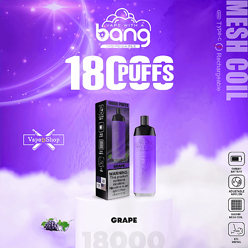 Image promotionnelle pour une vape jetable « Vape with a Bang » au goût de raisin avec 18 000 bouffées, rechargeable via Type-C, avec une bobine en maille et une batterie de 650 mAh.